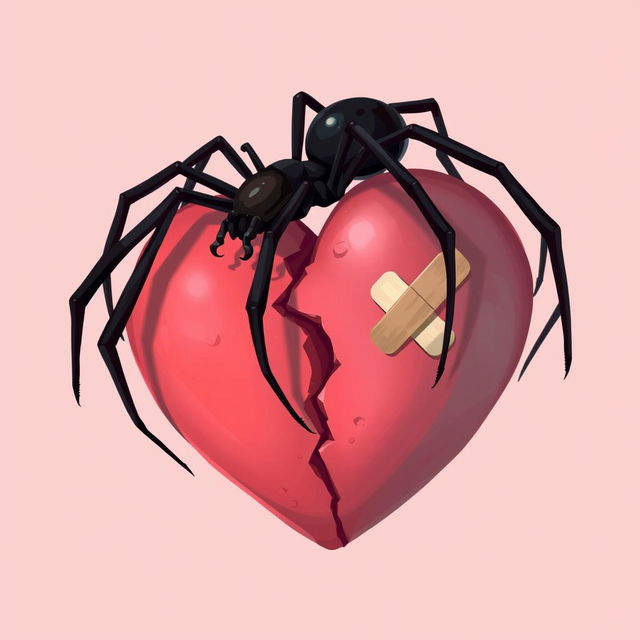 A 2D illustration of a long-legged black spider gracefully climbing over a large broken heart symbol