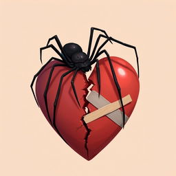 A 2D illustration of a long-legged black spider gracefully climbing over a large broken heart symbol