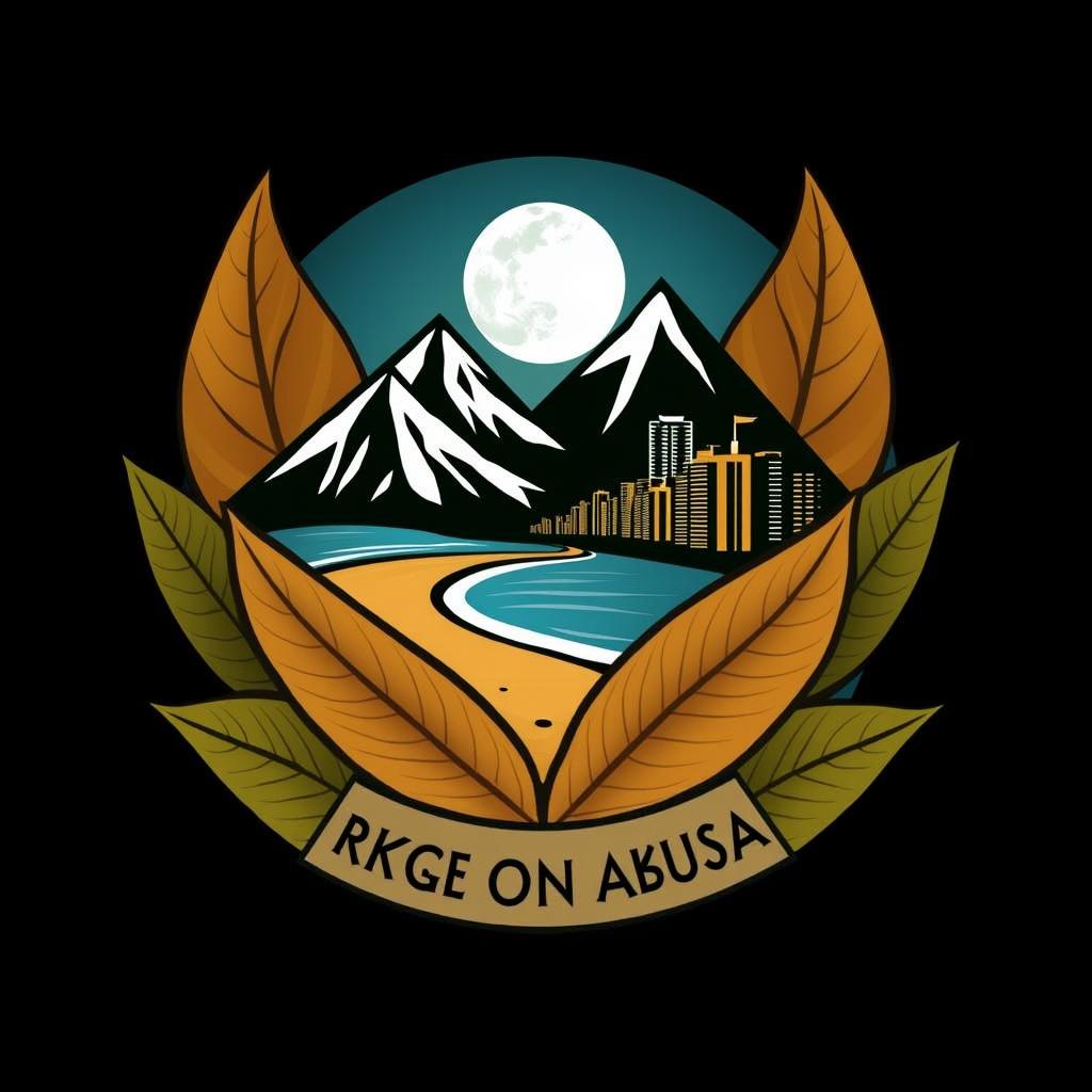 A creative and abstract logo design featuring snow-capped mountains, a beach, and an urban skyline, surrounded by large, realistic tobacco leaves