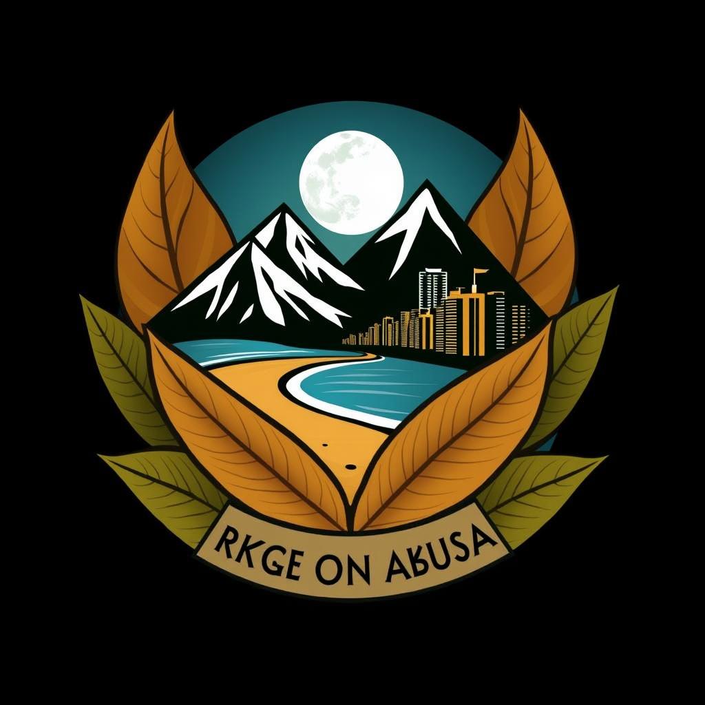 A creative and abstract logo design featuring snow-capped mountains, a beach, and an urban skyline, surrounded by large, realistic tobacco leaves