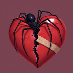 A 2D illustration of a long-legged black spider climbing over a giant broken heart symbol