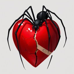 A 2D illustration of a long-legged black spider climbing over a giant broken heart symbol