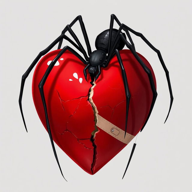 A 2D illustration of a long-legged black spider climbing over a giant broken heart symbol