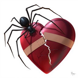 A 2D illustration of a long-legged black spider climbing over a giant broken heart symbol