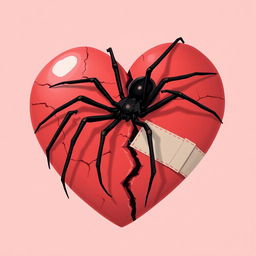 A 2D illustration of a long-legged black spider climbing over a giant broken heart symbol