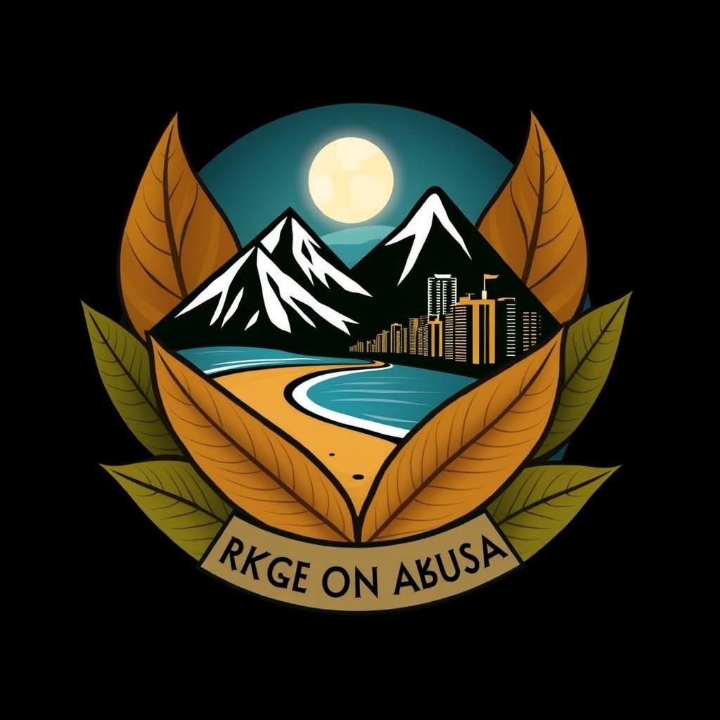 A detailed and colorful emblem featuring crescent moon, a silhouette of mountains with snow-capped peaks under a full moon, a modern city skyline, and a serene beach with calm waters