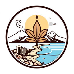 Design of a logo for an Islamic student community featuring elements of tobacco, urban environment, mountains, and a beach