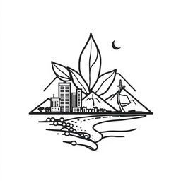 Design of a logo for an Islamic student community featuring elements of tobacco, urban environment, mountains, and a beach