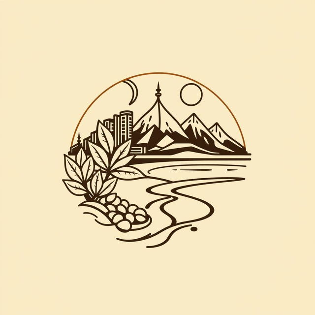 Design of a logo for an Islamic student community featuring elements of tobacco, urban environment, mountains, and a beach