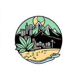 Design of a logo for an Islamic student community featuring elements of tobacco, urban environment, mountains, and a beach