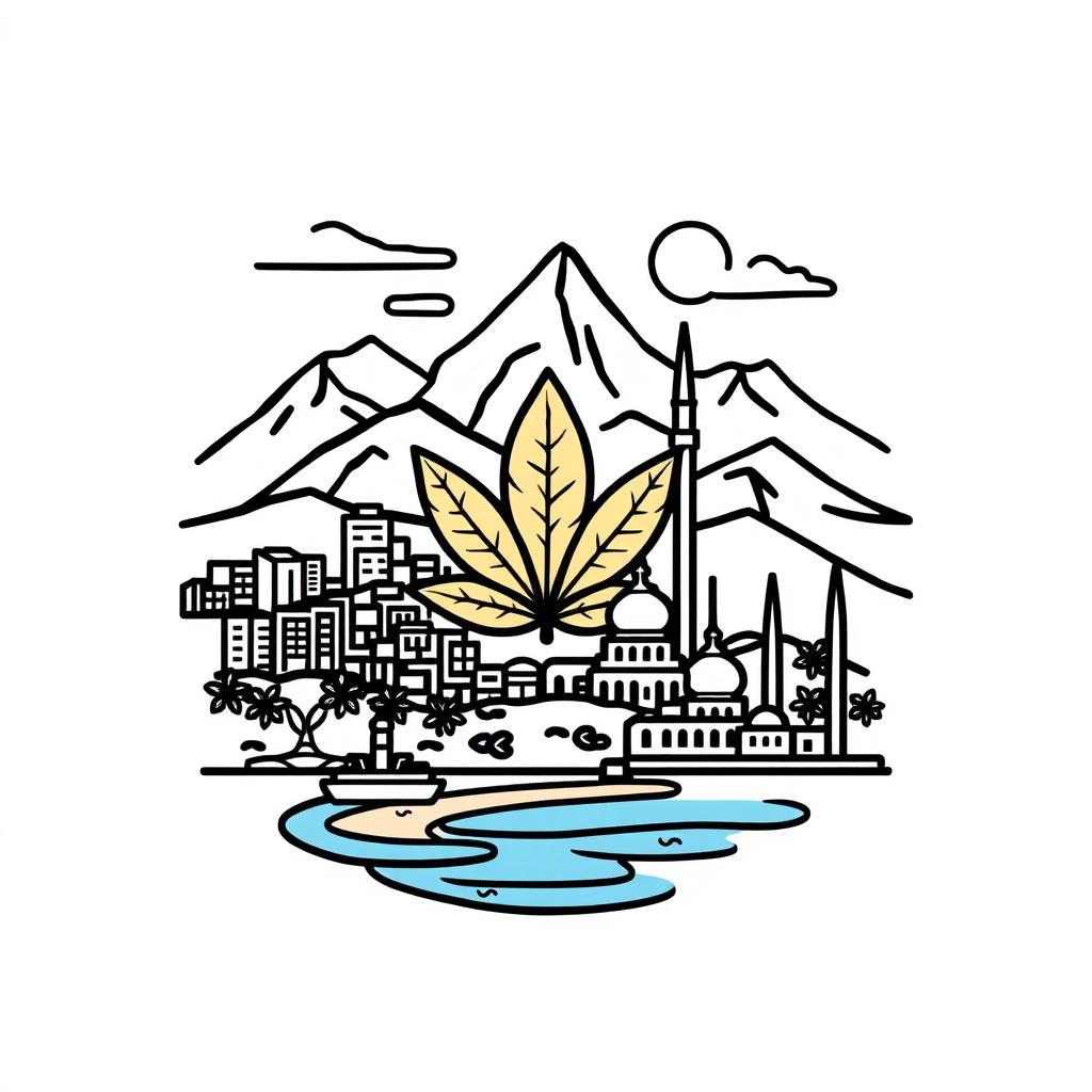 Design of a logo for a community featuring tobacco, urban environment, mountains, beach, and a mosque