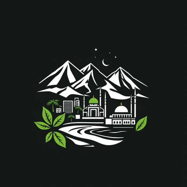 Design of a logo for a community featuring tobacco, urban environment, mountains, beach, and a mosque