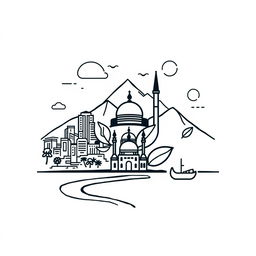 Design of a logo for a community featuring tobacco, urban environment, mountains, beach, and a mosque