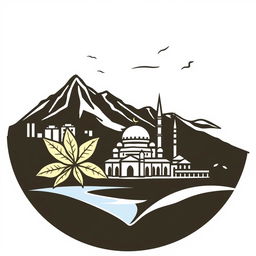 Design of a logo for a community featuring tobacco, urban environment, mountains, beach, and a mosque