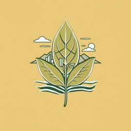 Design of a logo for a community featuring a tobacco leaf as the base, incorporating elements of urban environment, mountains, and beach