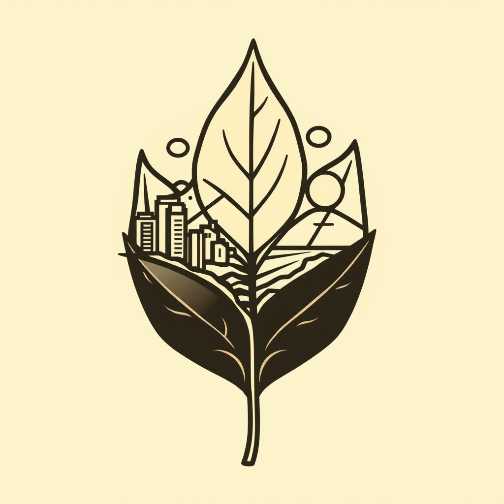 Design of a logo for a community featuring a tobacco leaf as the base, incorporating elements of urban environment, mountains, and beach