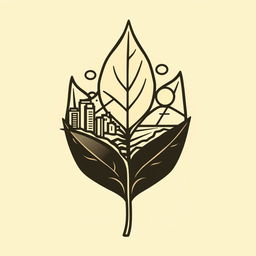 Design of a logo for a community featuring a tobacco leaf as the base, incorporating elements of urban environment, mountains, and beach