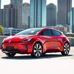 A sleek, modern car with an aerodynamic design, covered in a vibrant red color