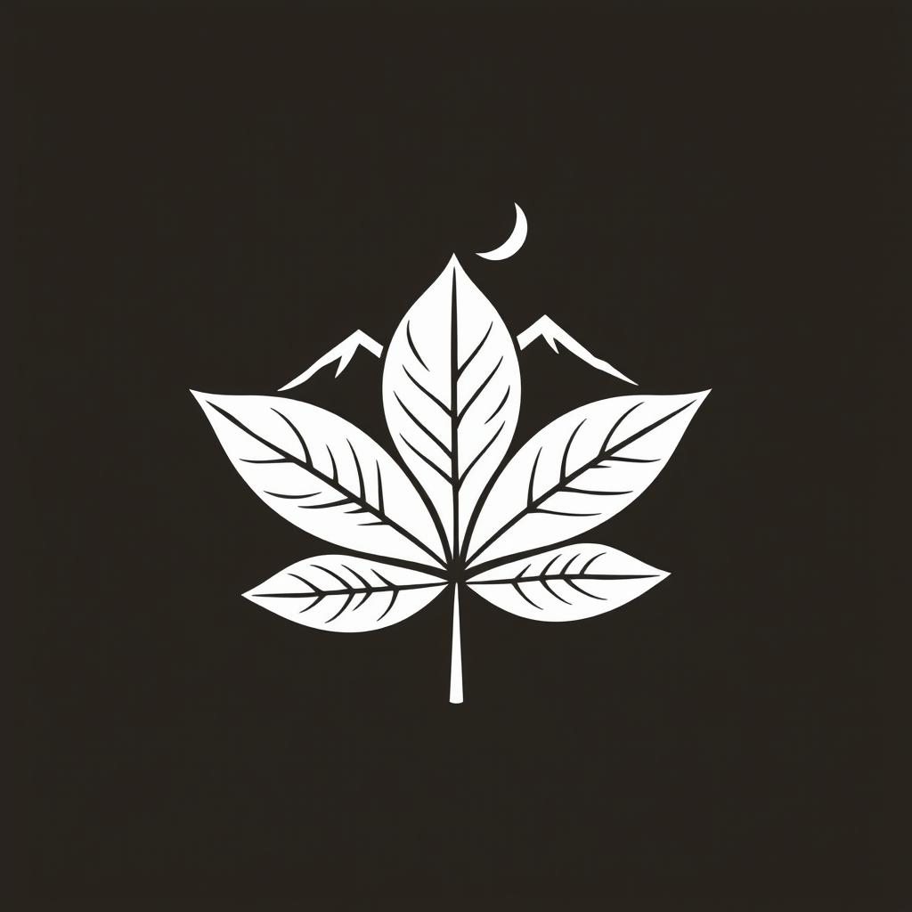 Design of a logo for a community featuring a tobacco leaf as the base with a crescent moon, incorporating elements of urban environment, mountains, and beach