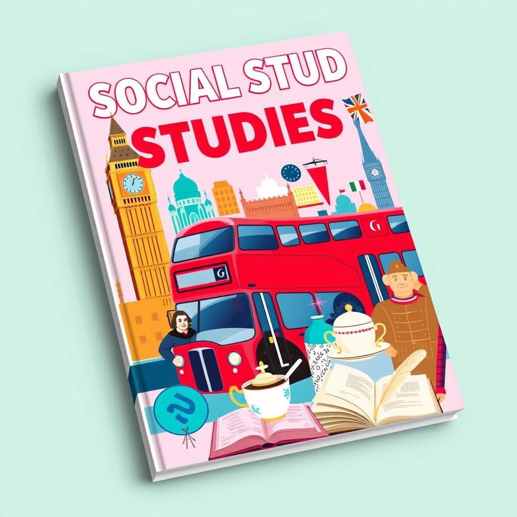 A vibrant cover featuring the bold title 'SOCIAL STUDIES' at the top, with imagery focused on English language and culture