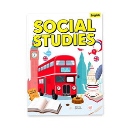 A vibrant cover featuring the bold title 'SOCIAL STUDIES' at the top, with imagery focused on English language and culture