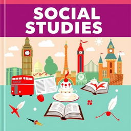 A vibrant cover featuring the bold title 'SOCIAL STUDIES' at the top, with imagery focused on English language and culture