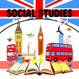 A vibrant cover featuring the bold title 'SOCIAL STUDIES' at the top, with imagery focused on English language and culture