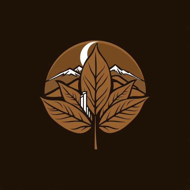 Design of a logo for a community featuring a brown tobacco leaf as the base with a crescent moon, incorporating elements of urban environment, mountains, and beach