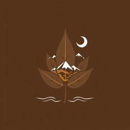 Design of a logo for a community featuring a brown tobacco leaf as the base with a crescent moon, incorporating elements of urban environment, mountains, and beach