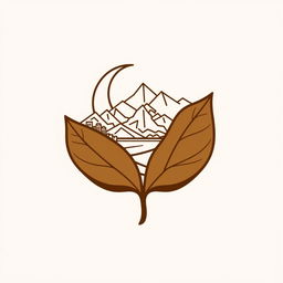 Design of a logo for a community featuring a brown tobacco leaf as the base with a crescent moon, incorporating elements of urban environment, mountains, and beach