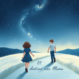 A romantic book cover illustration featuring a curly-haired girl with shoulder-length hair and a tall fair-skinned boy, both walking hand in hand along a winding, tranquil path