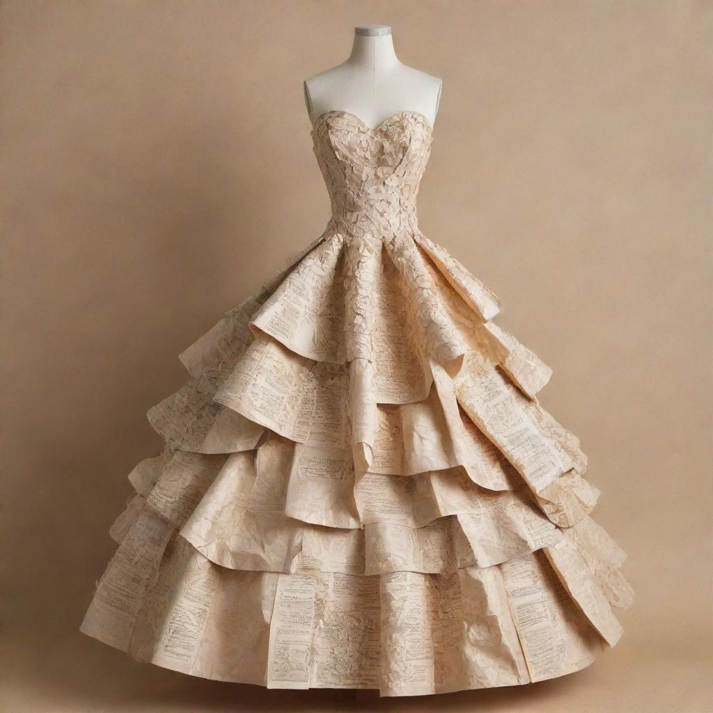 Create a step-by-step illustrated guide for crafting a beautiful gown out of recycled paper. Each step should clearly depict the process of transforming ordinary paper into a unique fashion masterpiece.