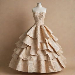 Create a step-by-step illustrated guide for crafting a beautiful gown out of recycled paper. Each step should clearly depict the process of transforming ordinary paper into a unique fashion masterpiece.