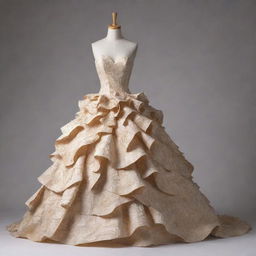 Create a step-by-step illustrated guide for crafting a beautiful gown out of recycled paper. Each step should clearly depict the process of transforming ordinary paper into a unique fashion masterpiece.