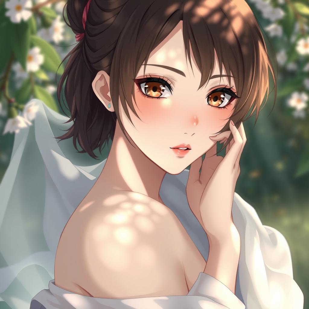 A captivating and artistic portrayal of a female anime character in a serene and natural setting, exemplifying elegance and delicacy