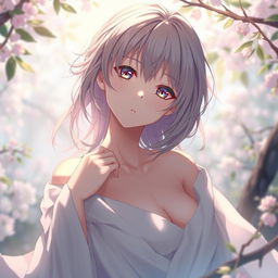 A captivating and artistic portrayal of a female anime character in a serene and natural setting, exemplifying elegance and delicacy