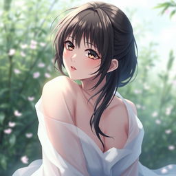 A captivating and artistic portrayal of a female anime character in a serene and natural setting, exemplifying elegance and delicacy