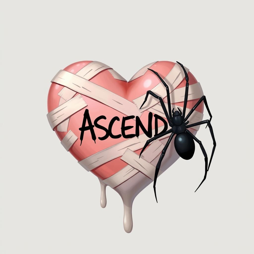 A 2D illustration depicting a giant melting heart symbol adorned with bandages, with the word "ASCEND" written in bold black graffiti in the center