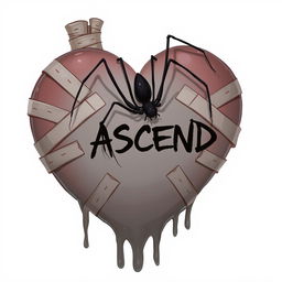 A 2D illustration depicting a giant melting heart symbol adorned with bandages, with the word "ASCEND" written in bold black graffiti in the center