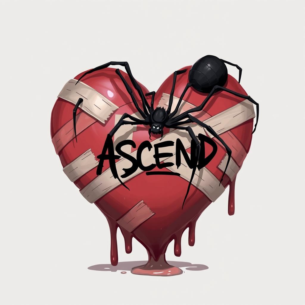 A 2D illustration depicting a giant melting heart symbol adorned with bandages, with the word "ASCEND" written in bold black graffiti in the center