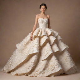 Create a step-by-step illustrated guide for crafting a beautiful gown out of recycled paper. Each step should clearly depict the process of transforming ordinary paper into a unique fashion masterpiece.