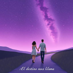 A couple walking hand in hand along a peaceful, winding path under a stunning star-filled sky