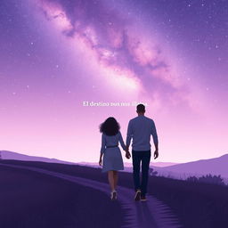 A couple walking hand in hand along a peaceful, winding path under a stunning star-filled sky