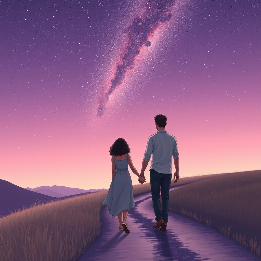 A couple walking hand in hand along a peaceful, winding path under a stunning star-filled sky