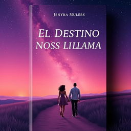 A romantic book cover featuring a couple under a magical lilac sunset sky with stars