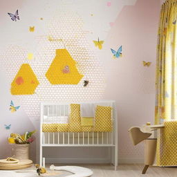 A child's room interior decor themed around pollination, featuring wall murals of colorful flowers, bee patterned bedsheets, butterfly curtains, and lampshades designed like honeycombs.