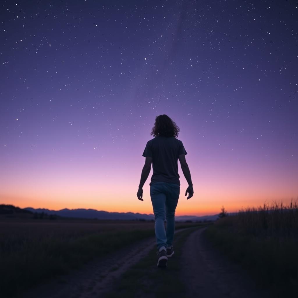 A couple walking hand in hand on a tranquil path under an impressive starlit evening sky