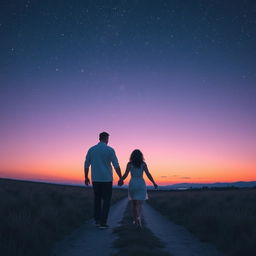 A couple walking hand in hand on a tranquil path under an impressive starlit evening sky