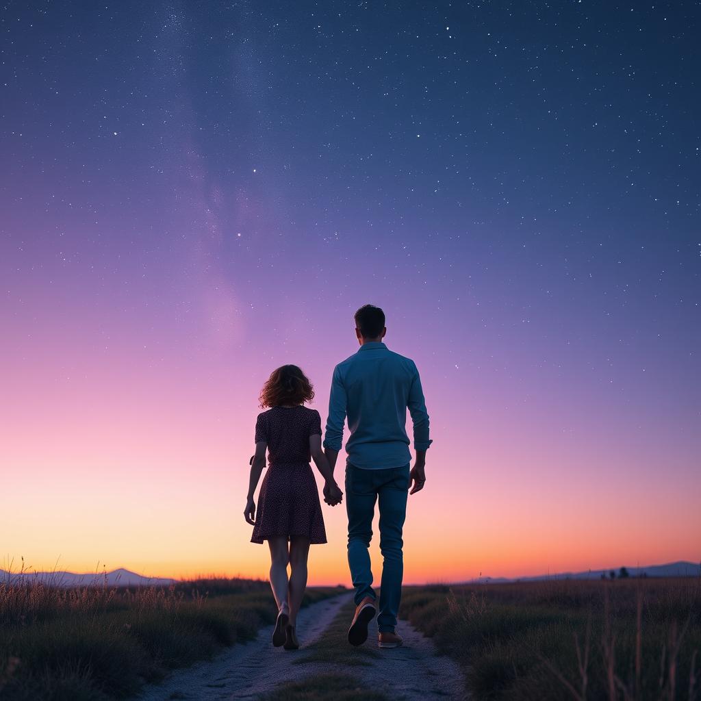 A couple walking hand in hand on a tranquil path under an impressive starlit evening sky