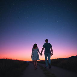 A couple walking hand in hand on a tranquil path under an impressive starlit evening sky